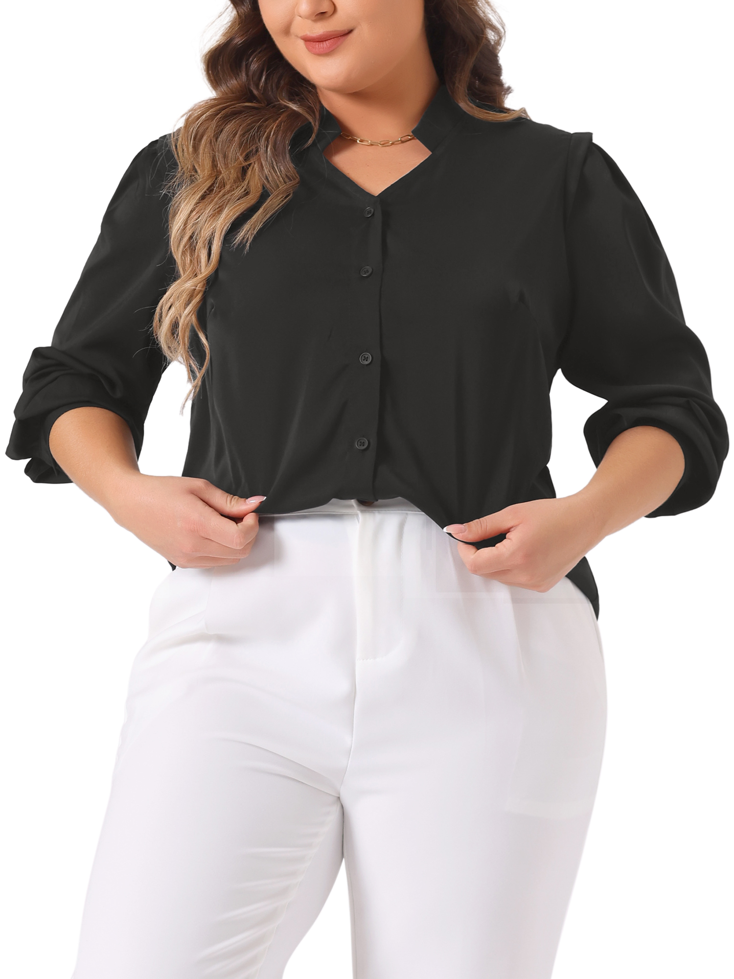 DARING DIVA Women's Plus Size Button Up Notch V Neck Long Sleeve Blouses 3X Black