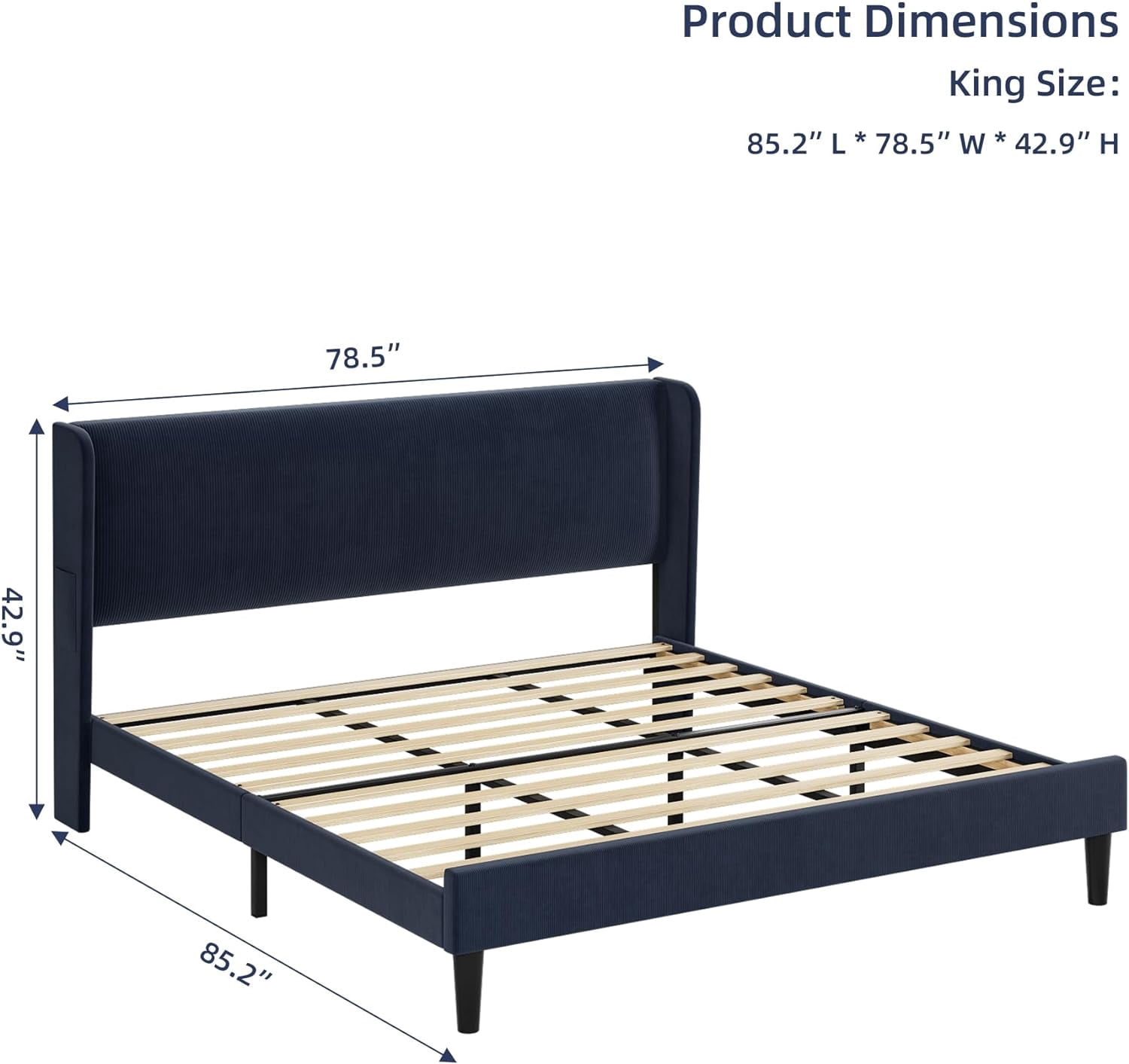 Senfot King Size Bed Frame,Upholstered Platform Bed with Wingback Headboard,Velvet Upholstered Bed Frame with 2 Storage Pockets,Strong Wooden Slat Support,Box Spring Optional,Easy Assembly,Light Gray