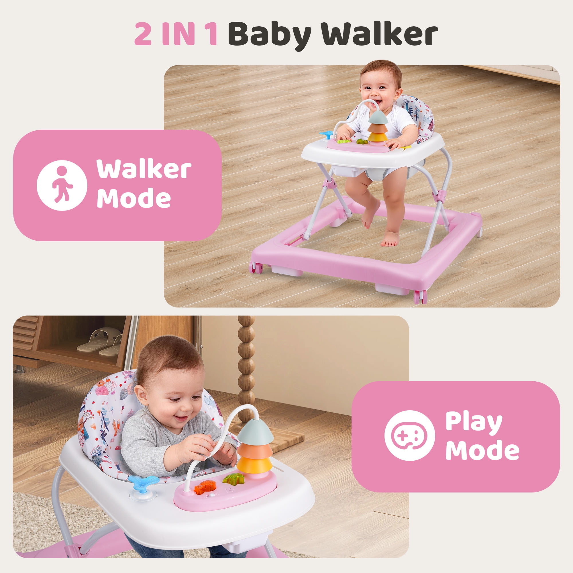 Babyeap Baby Walker,Foldable Baby Activity Walker with Wheels,Toddler Activity Centers,Removable Toys,Ages 6-15 Months,Pink