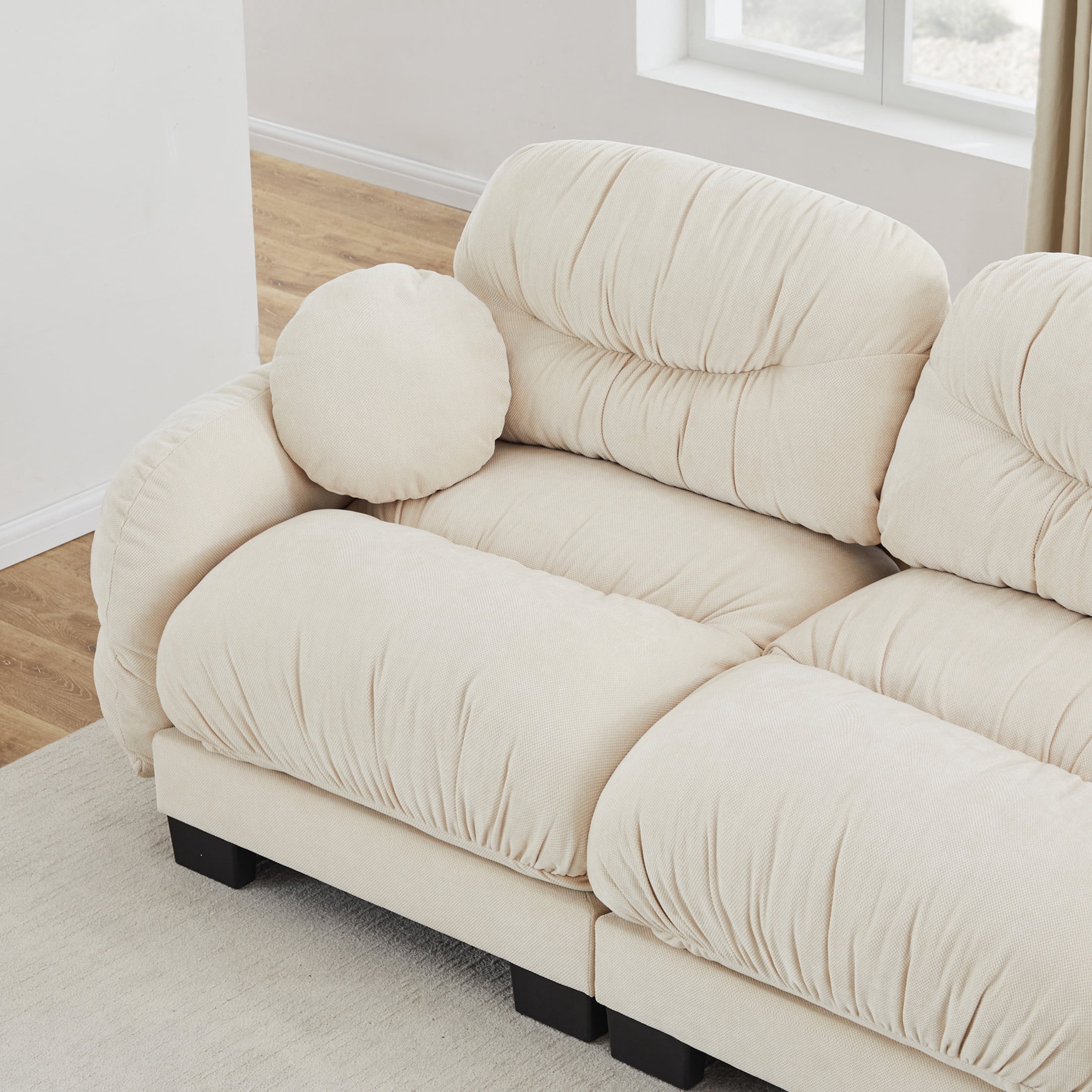 Noble House Corlan Pleated Chenille 3-Seater Sectional Sofa, Modular Deep Seat Couch with Throw Pillows, Beige