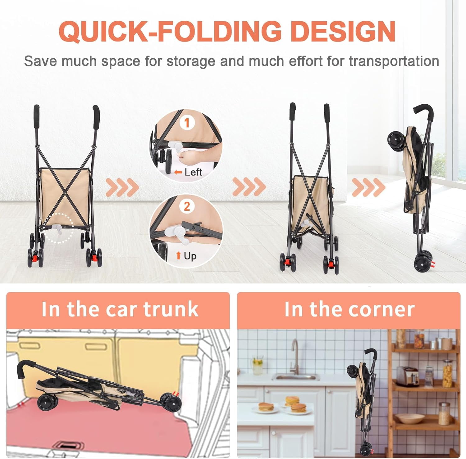 Dog Strollers, Shopping Cart, Collapsible Folding Utility Wagons Carts Heavy Duty, The Original Patented, 60lbs Capacity, Minimalist for Cats Pets Outdoor Camping Shopping Sports Garden (Khaki)