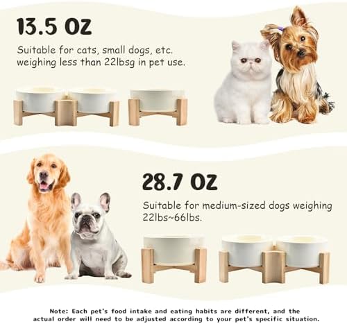 15° Slanted Ceramic Dog and Cat Bowl with Wooden Stand, Tilted Bulldog Food and Water Bowl No Slip Non-Spill for Cats Medium Dogs Big Face Pets 28.7 OZ (3.6 Cups, Beige × 2)