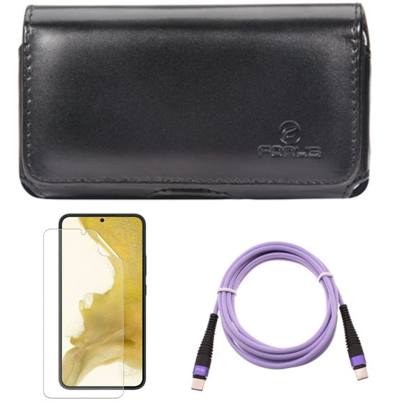 For Samsung Galaxy S21 (6.2") - Fast Charger Cord Type-C to USB-C Purple 10ft PD Cable   Swivel Leather Case Belt Clip   Anti-Glare TPU Film Matte Screen Protector