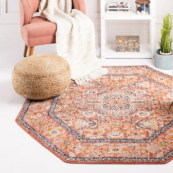 Unique Loom Lola Collection Area Rug - Traditional (5' Octagon Brick Red/Ivory)