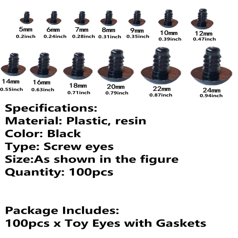 GEIWOGUO 100pcs 5-24mm Black Plastic Safety Eyes Amigurumi Soft Toy Teddy Bear DIY Craft