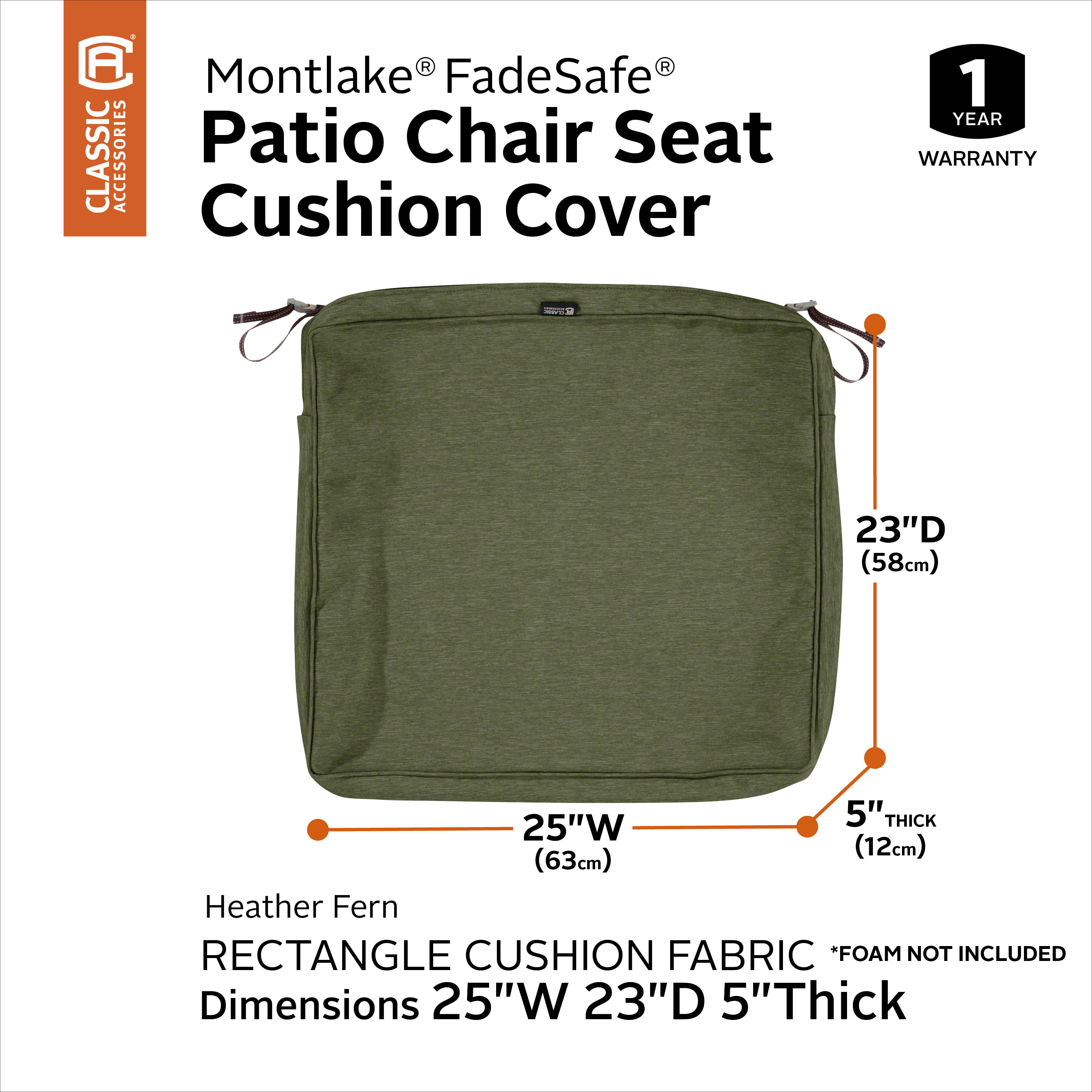 Classic Accessories Montlake FadeSafe Rectangular Patio Lounge Seat Cushion  Slip Cover - 5 Thick - Heavy Duty Outdoor Patio Cushion with Water  Resistant Backing, Heather Fern Green, 21W x 19D x 5T 