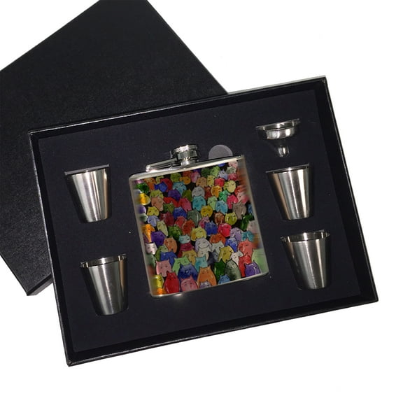 KuzmarK 6 oz. Stainless Steel Flask Set in Black Presentation Box -  Jelly Bean Kitties Abstract Cat Art by Denise Every