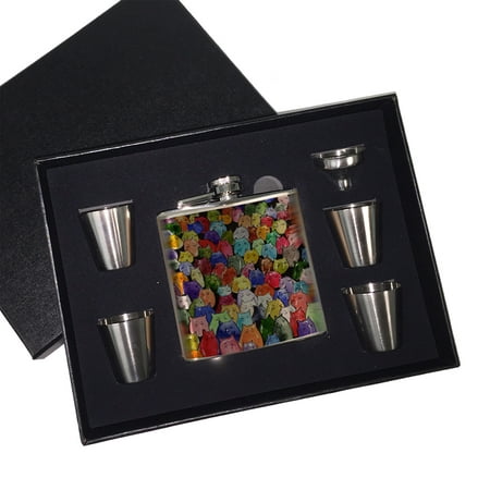 

KuzmarK 6 oz. Stainless Steel Flask Set in Black Presentation Box - Jelly Bean Kitties Abstract Cat Art by Denise Every