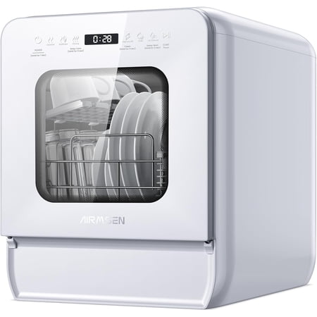 Portable Countertop Dishwasher with 5L Water Tank, Mini 14.6” Narrow & 20.1“ Deep Design, 9 Programs, 24H Delay Start 360° Dual Spray, No Hookup Needed, C01, White