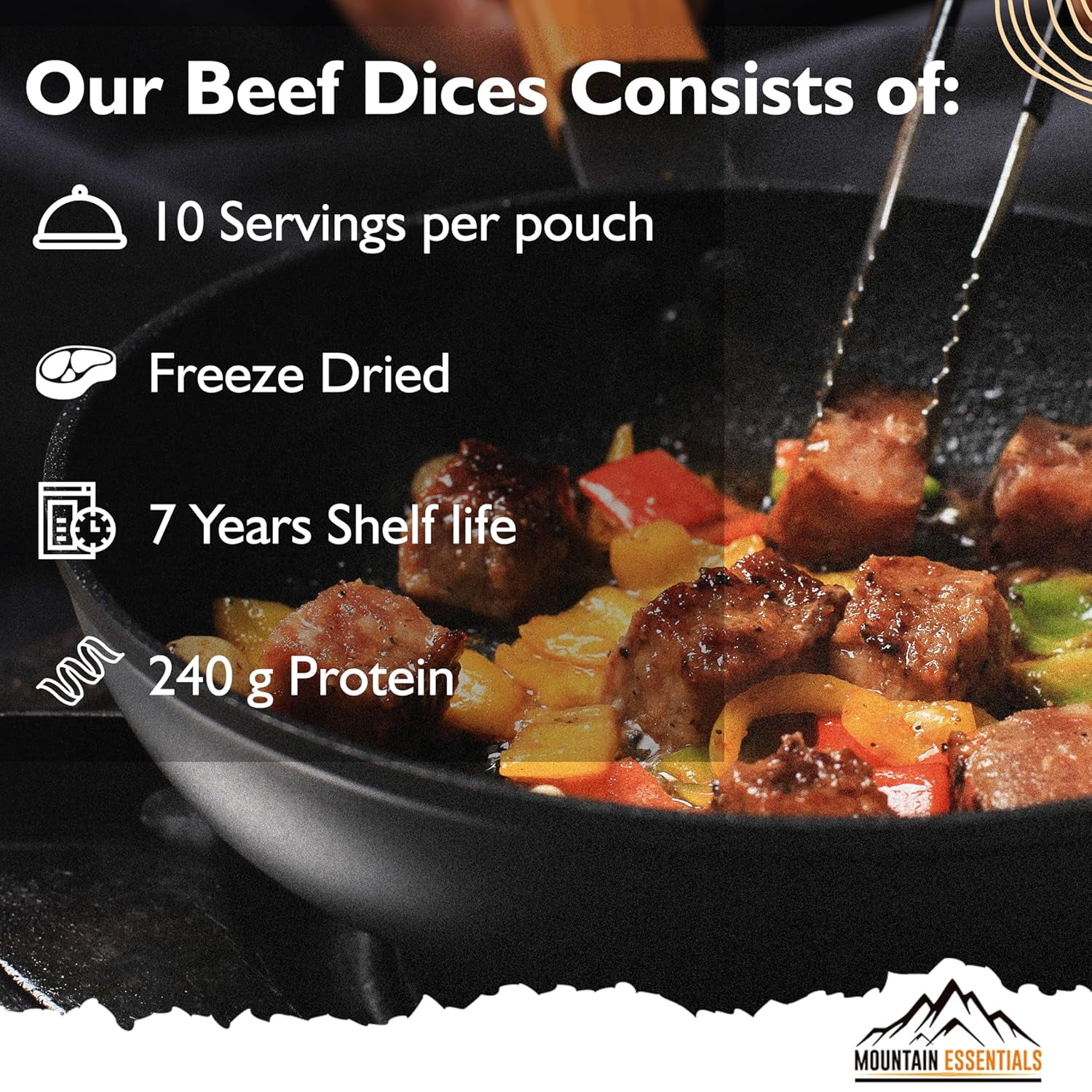 Mountain Essentials Freeze Dried Beef Dices Protein Packed Meal (300g Pouch)| Emergency Long Term Supply | Hiking, Backpacking & Camping | Easy Prep Survival Food ✅