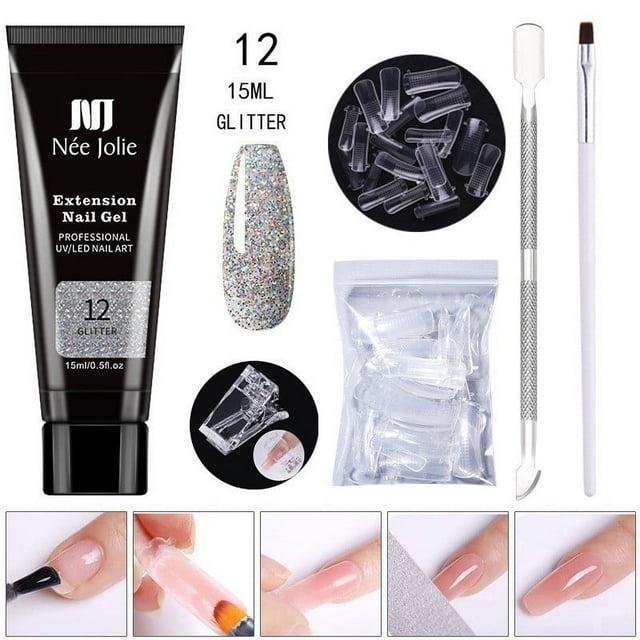 DPTALR Poly Extension Gel Nail Kit, Clear Builder Jelly Gel Nude Poly Nail Enhancement Trial All-in-One French Kit With Mini Nail For Nail Art Kit Nails 15ml