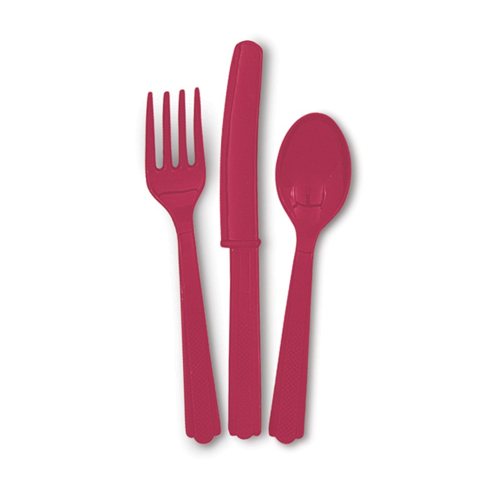 Unique Party Forks Knives and Spoons for 8 6" Plastic Cutlery, Burgundy