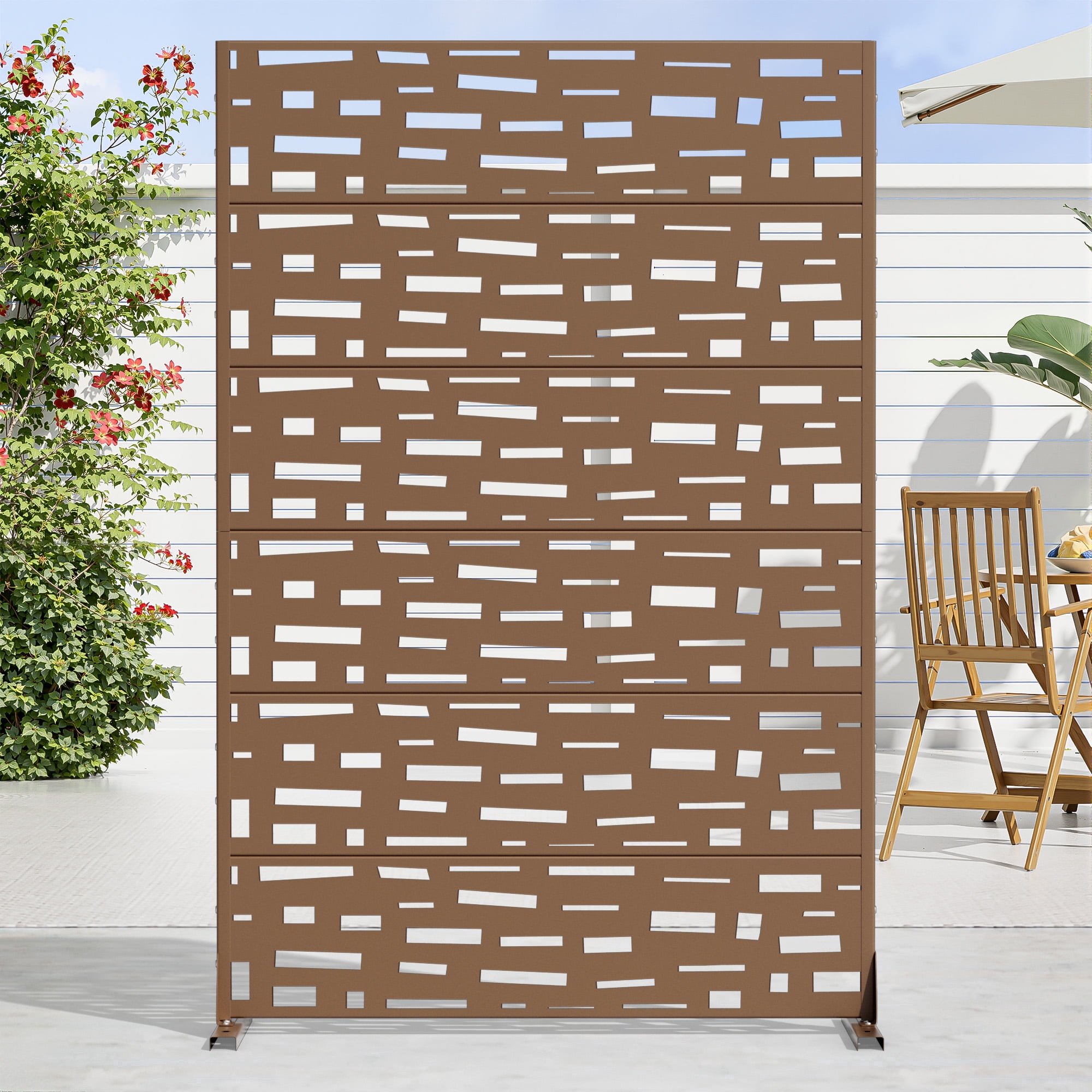 MAYEERTY 72 × 47in Outdoor Privacy Screen with Stand Metal Balcony Decorative Screen, Brown
