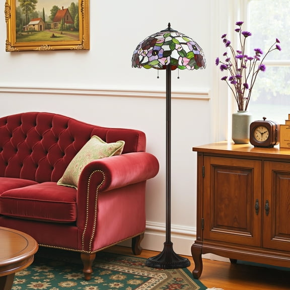 Handcrafted Tiffany Floor Lamp For Living Room,60'' Tall Stained Glass Floor Lamp,2-Light With Pull Chains, Pink Red Green Rose Flower,Luxury Standing Lamp For Bedroom,Country Home Decor