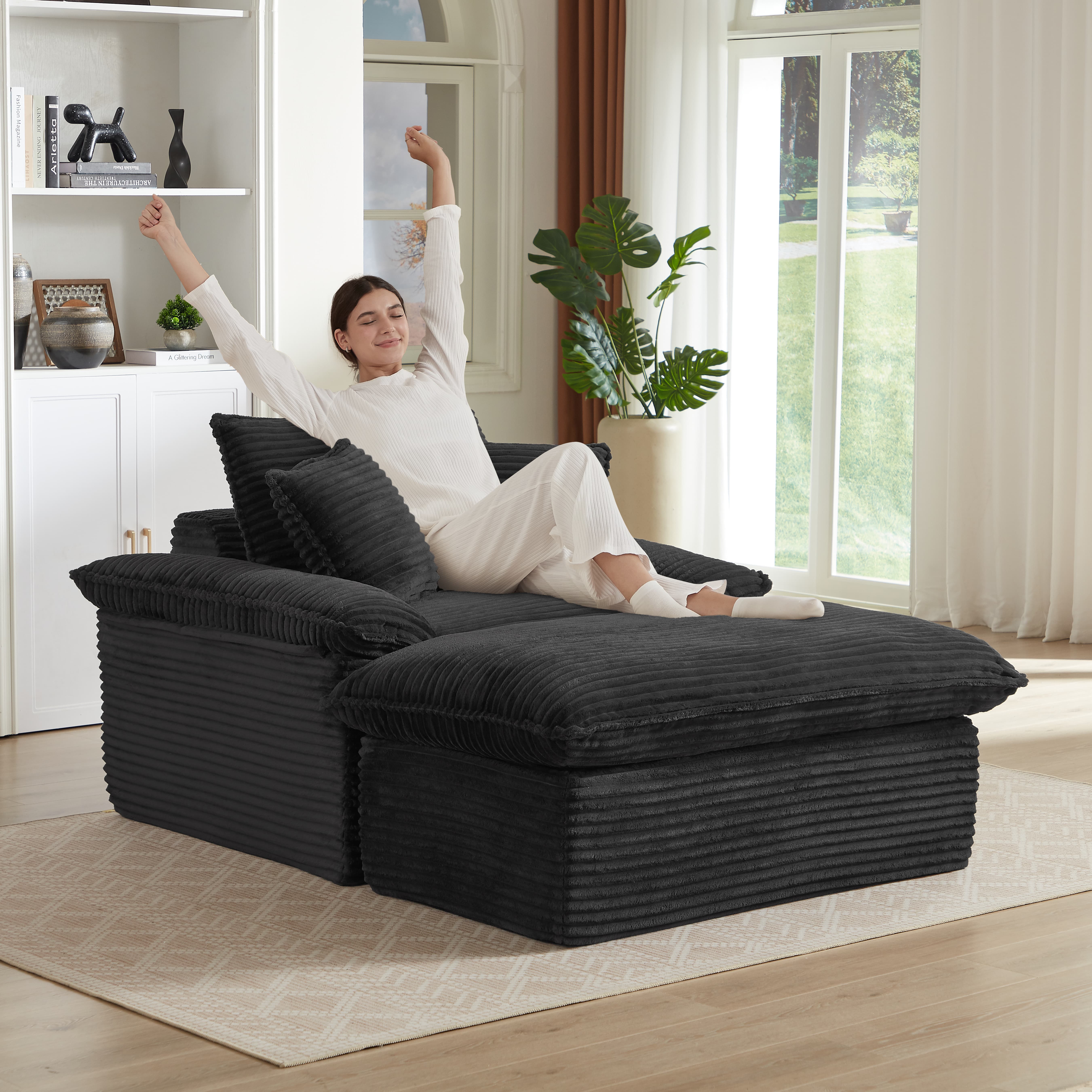 MAYEERTY Black Corduroy Modular Sofa, Oversized Single Chaise Lounge with Activity Footrest for Apartment,52×71×37"