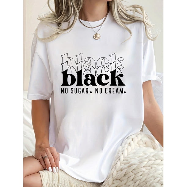Camiseta informal con estampado "NEGRO" para mujer: cuello redondo, manga corta, cómoda camiseta de algodón, opaca, de verano, con diseño de letras. Camisetas informales.