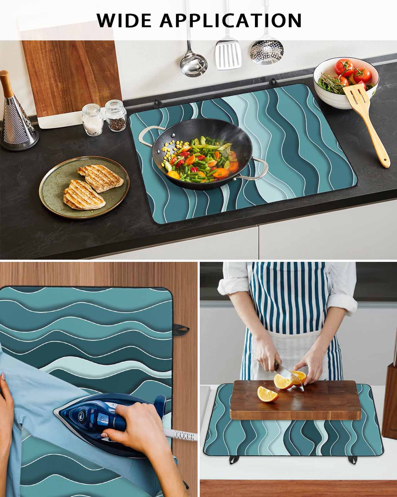 nqOlkjepod Large Induction Cooktop Protector Mat 36"x21", Turquoise Ombre Stove Top Covers for Electric Stove, Abstract Art Moire Ocean Waves Stove Burner Cover Mats, Glass Top Stove Cover