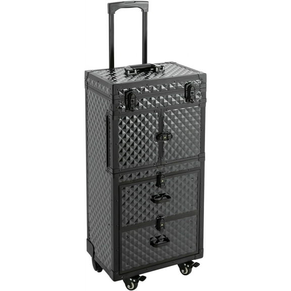 Makeup Rolling Train Case, Aluminum Trolley Professional Hair Stylist Artist Rolling Train Case With Drawer, Cosmetology Case On Wheels, Large Cosmetic Organizer For Salon Barber Black