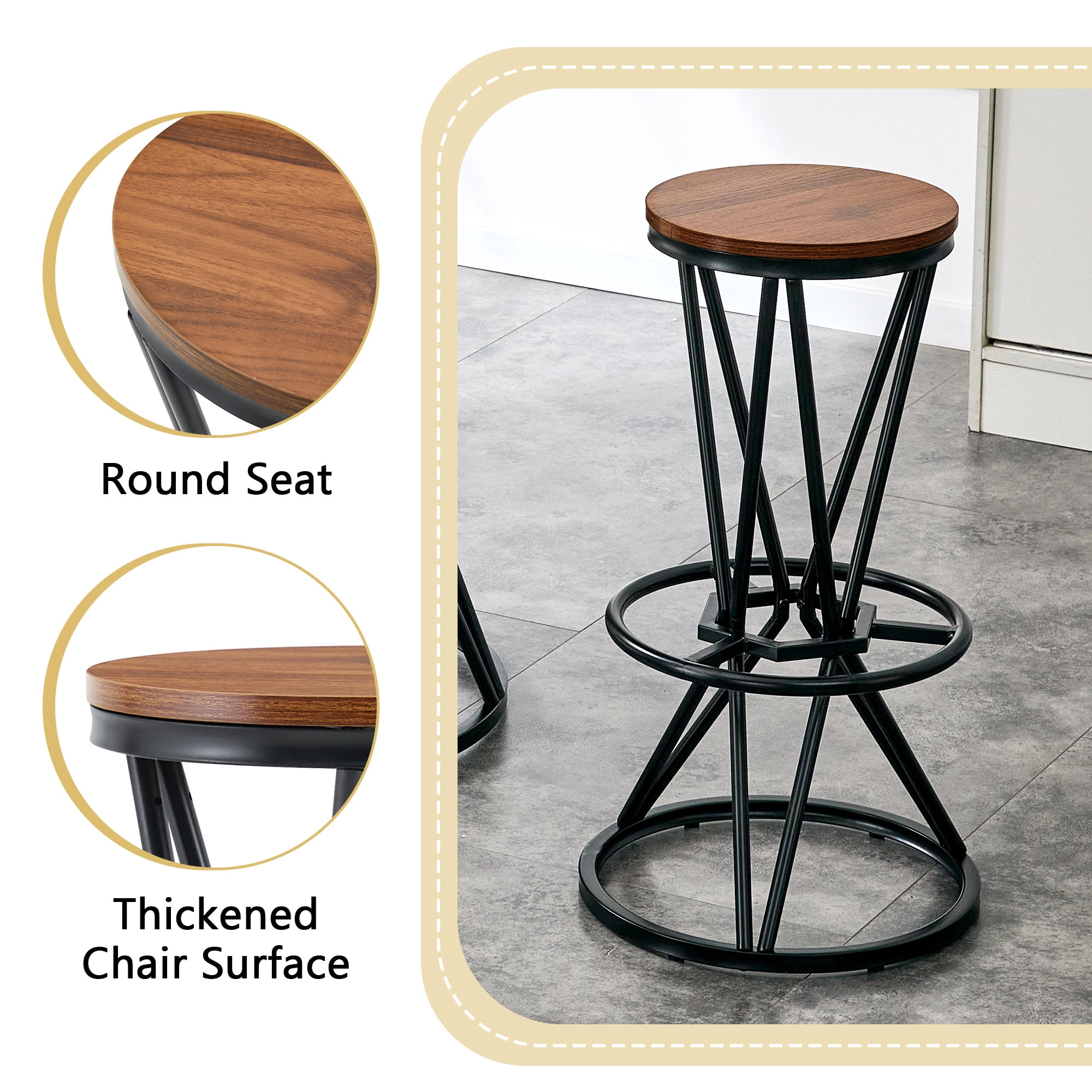 3-Piece Bar Table and Chair Set, 31.5-Inch Walnut MDF Bar Table with Black Metal Frame and 2 Bar Stools, Industrial Pub Dining Table Set for Kitchen Island Dining Space, Walnut Black