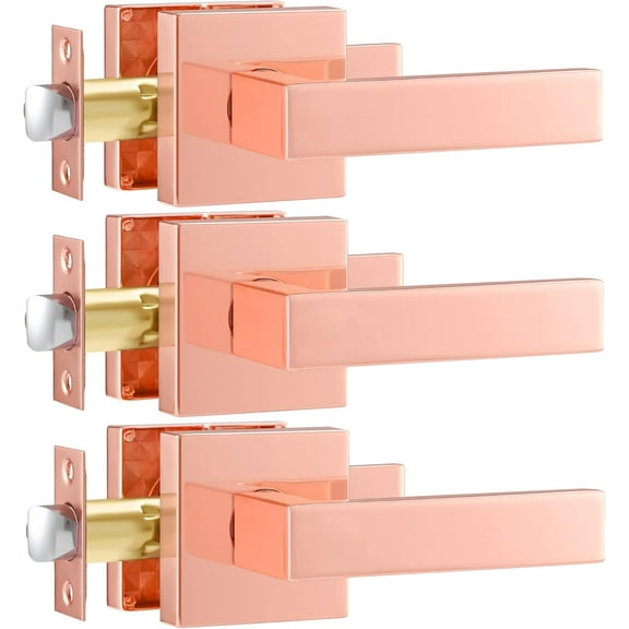 3 Pack Keyless Passage Door Lever Square Hall Closet Handles, Heavy Duty Interior Non-Locking Lever, Reversible for Right & Left Side, Rose Gold
