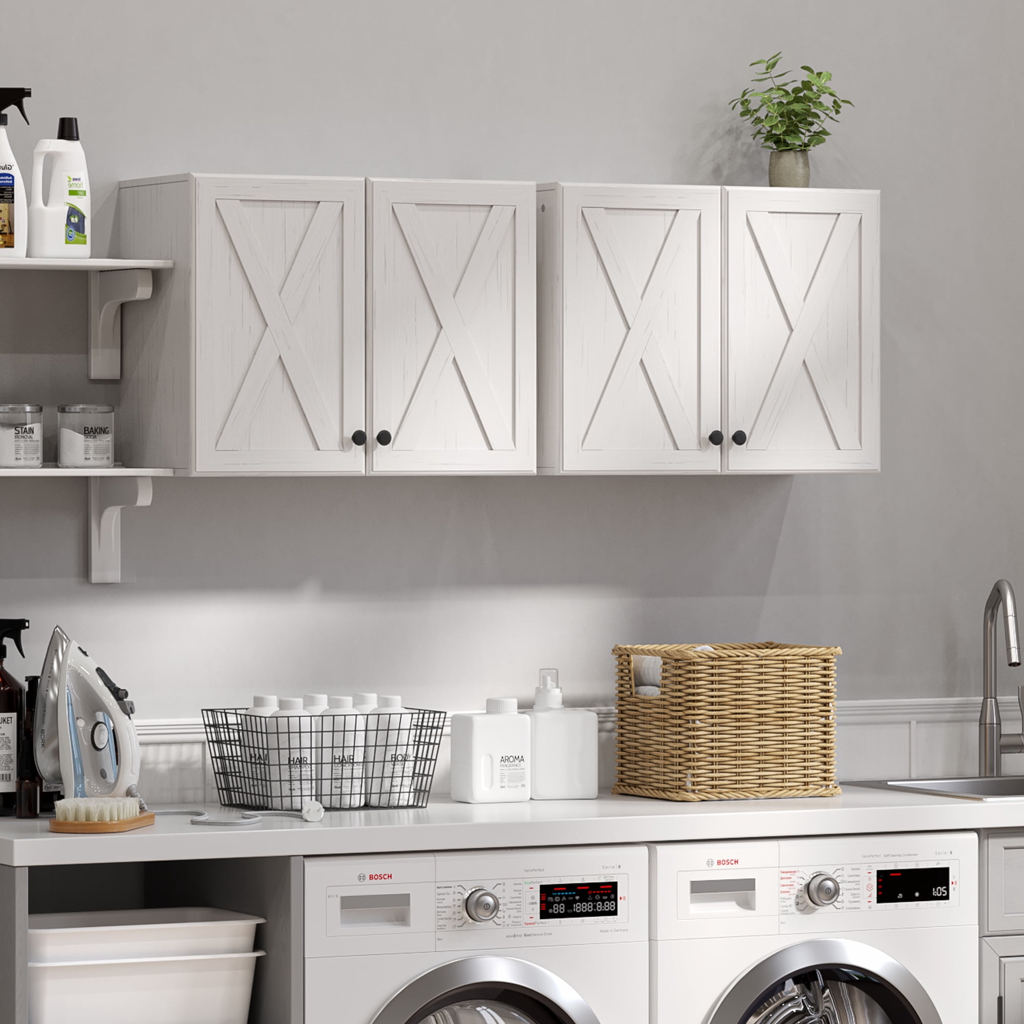 POLIHOME Farmhouse Kitchen Wall Mounted Storage Cabinets with Doors and Shelves, Laundry Room Wall Cabinets Set of 2