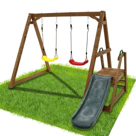 Solid Wood A-Frame Swing Set for Backyard, 2-in-1 Outdoor Playset with Double Swings, Slide & Climbing Rope Ladder for Kids Ages 3-10