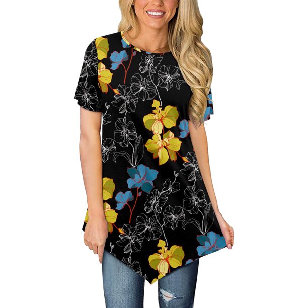 Gibobby Casual Playera de Manga Corta para Mujer Mujeres Casual manga corta Tops cuello redondo verano suelto Irregular dobladillo Tops camisas Tops(Negro,M)