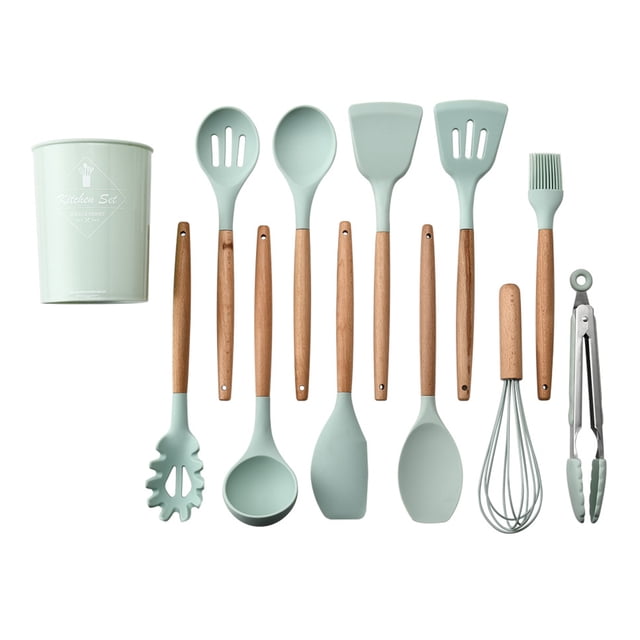 Utensilios de cocina de silicona con mango de madera Juego de 11 piezas Nueve colores Opcional Verde claro