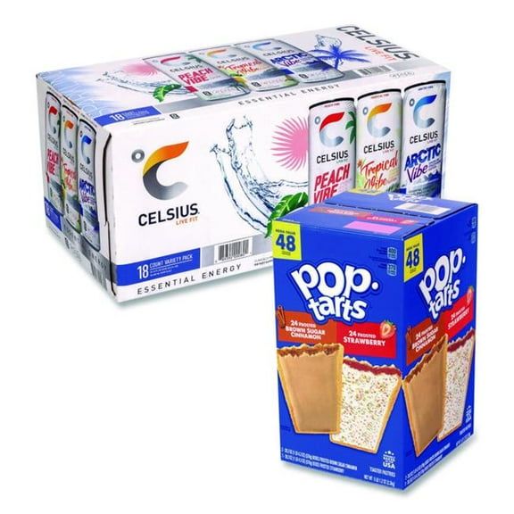 Celcius Vibe and Pop Tarts Variety Combo Pack,(18) 12oz Cans,(24) Frosted Strawberry/(24) Frosted Brown Sugar Cinnamon/Bundle