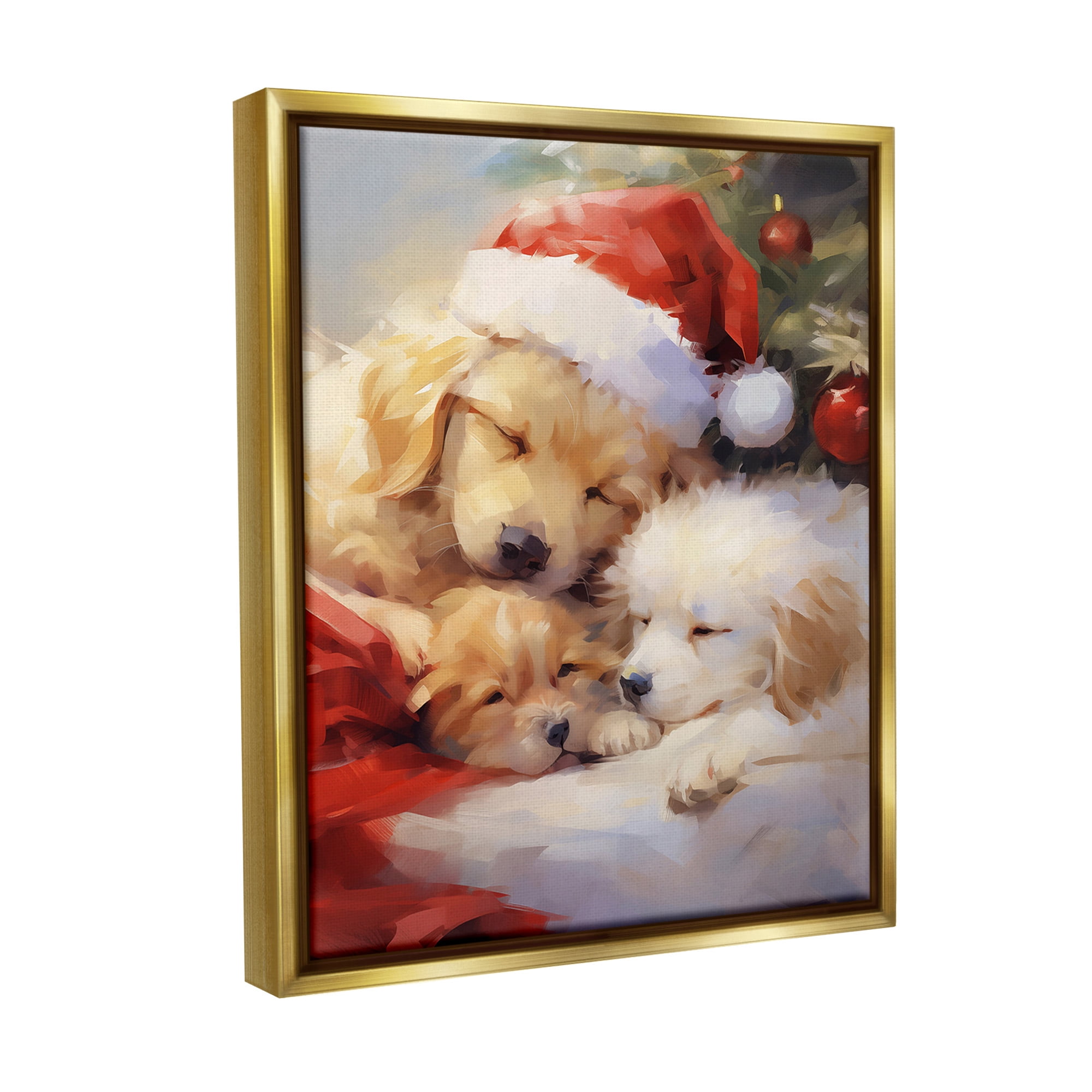 Stupell Industries Christmas Puppies by Tree Holiday Painting Gold Floater Framed Canvas Art Print Wall Art, 17 x 21