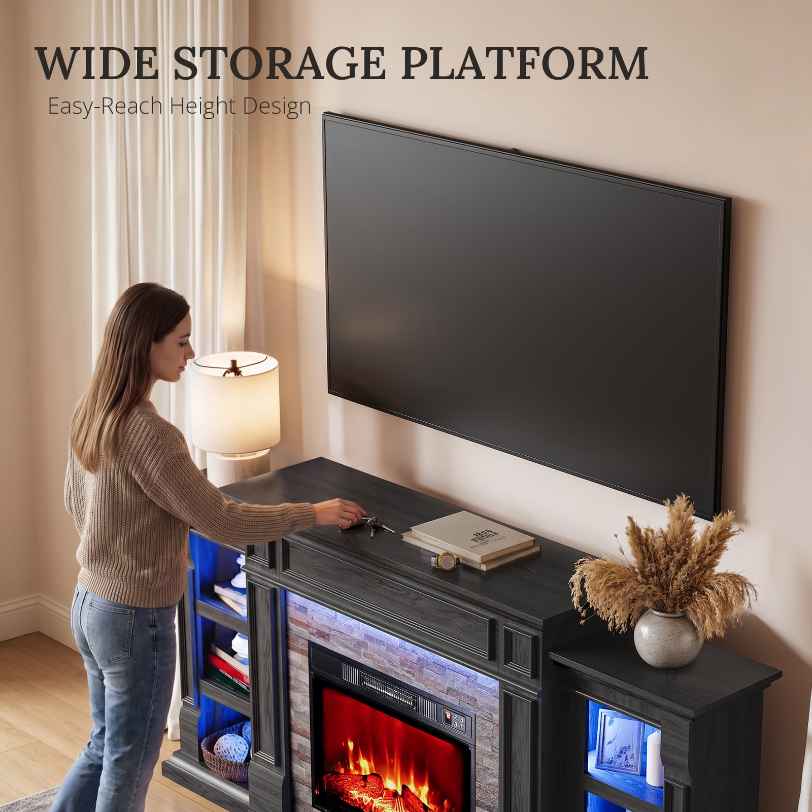 LGHM 72" Electric Fireplace TV Stand with Mantel, Farmhouse Entertainment Center for TVs up to 80" with LED Light, Black