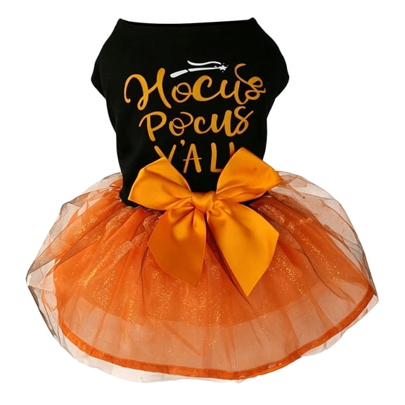 Halloween Pet Tutu Dress, Black Orange Hocus Pocus Letter Printed Shirt with Sparkling Tulle Tutu Skirt & Bowknot for Cats Small Medium Dogs Cosplay Photo Black S