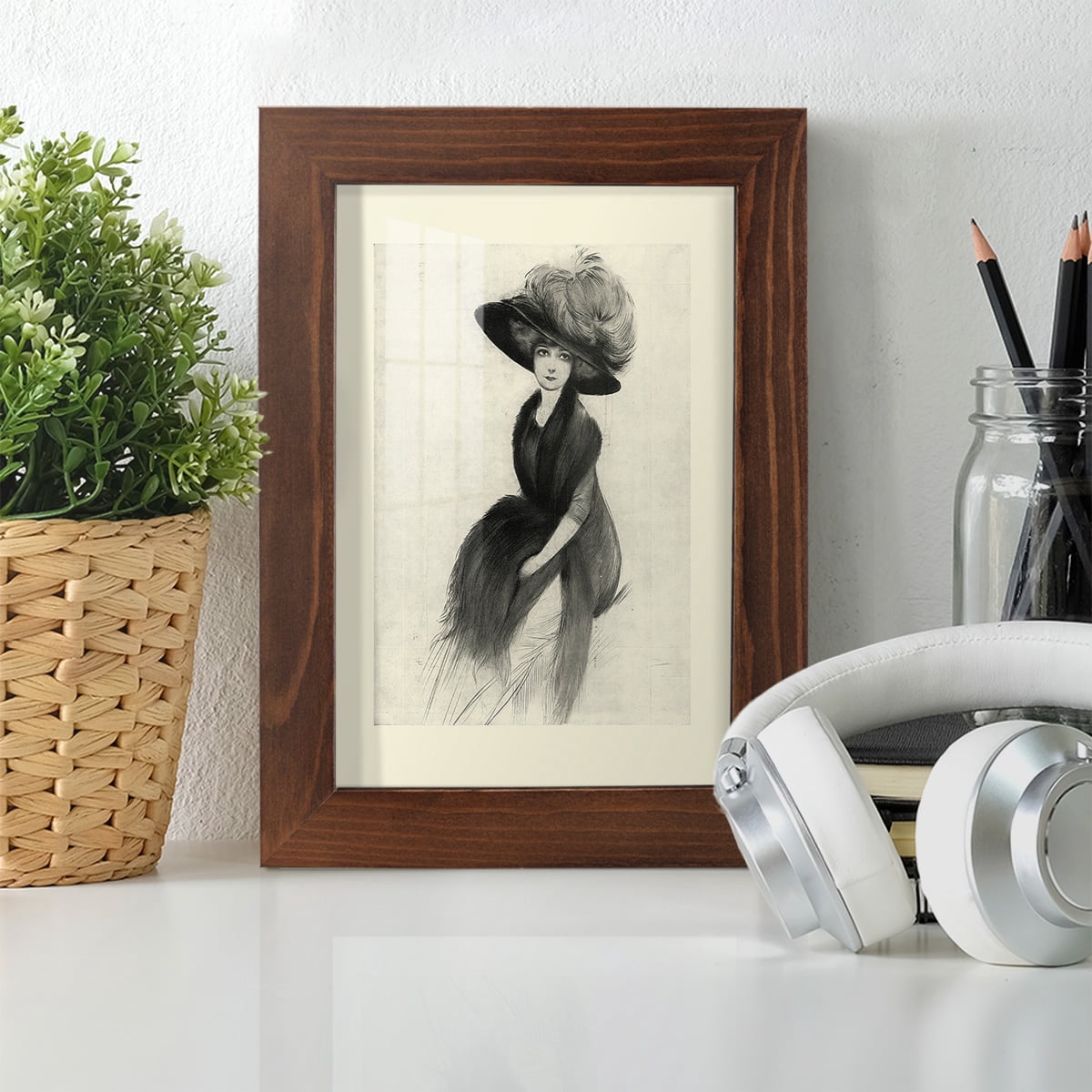 Feather Hat II -Framed Print w/glass-Chestnut