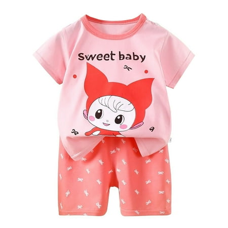 XUELUO Kids Boys Casual Outfit Sets Summer Cartoon Print Crew Neck Short Sleeve Tshirts Tops And Shorts 2 Piece Outwear Pink 5-6 Years
