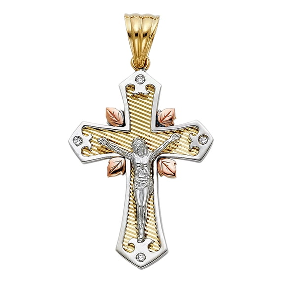 FB Jewels 14K White Yellow And Rose Tri Color Gold Cubic Zirconia CZ Fancy Christian Crucifix Cross Pendant 42mm X 31mm
