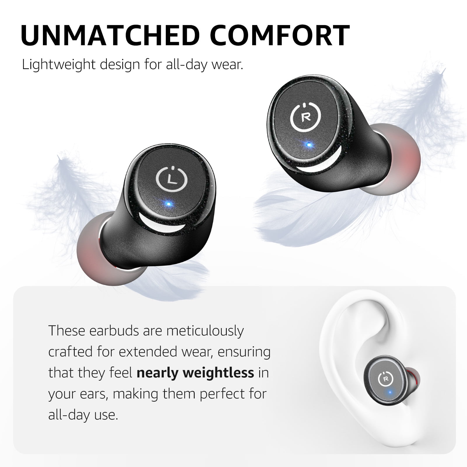 TOZO T10 Wireless Earbuds Bluetooth Headphones, 55H, Stereo Bass, App Customize 32 EQ, Wireless Charge, IPX8 Waterproof, 100+ White Noise Tracks, Ergonomic Design, Black