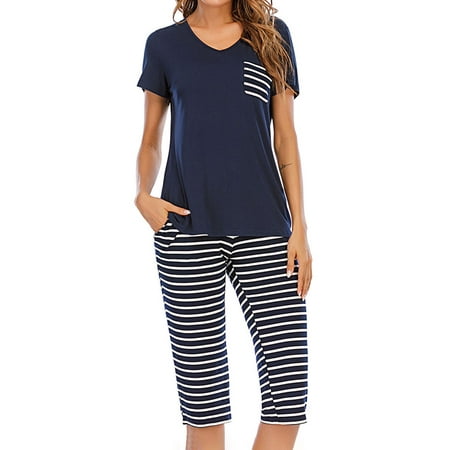 

ZXZY Women Stripe V Neck Short Sleeve Tee Capri Pants Pajamas Loungewear Set