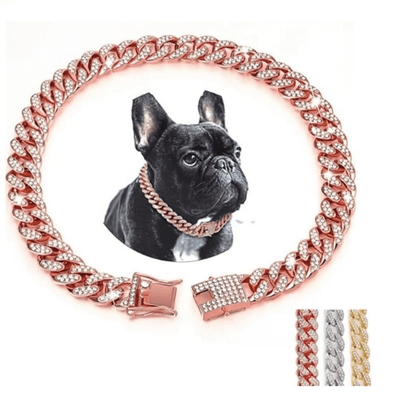 Dog Chain Collar with Diamond, Pink Sparkly Rhinestone Cat Chain Necklace, Glitter Crystal Metal Cuban Link Puppy Collars for Small Medium Large Pet Girl Boy Dogs Kitten, Rose Gold 8 inch