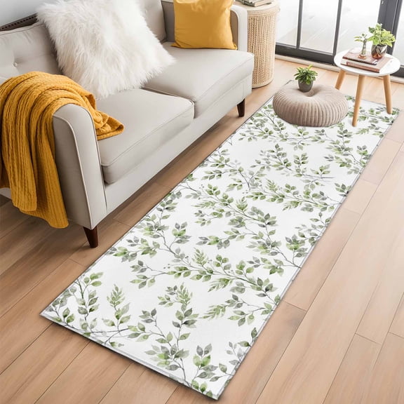 Green Leaves 2'x6' Runner Rugs for Hallway Kitchen Bedside Non Slip Washable, Summer Botanical Elegant Farmhouse Entryway Rug Runners with Rubber Backing, Long Carpet Runner for Laundry Room