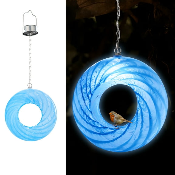 Solar Fly Through Bird Feeder Outdoor Garden Light LED Patio Round Glass with Mosaic Design Hanging Fly-Through Bird Feeder - 9" - Blue