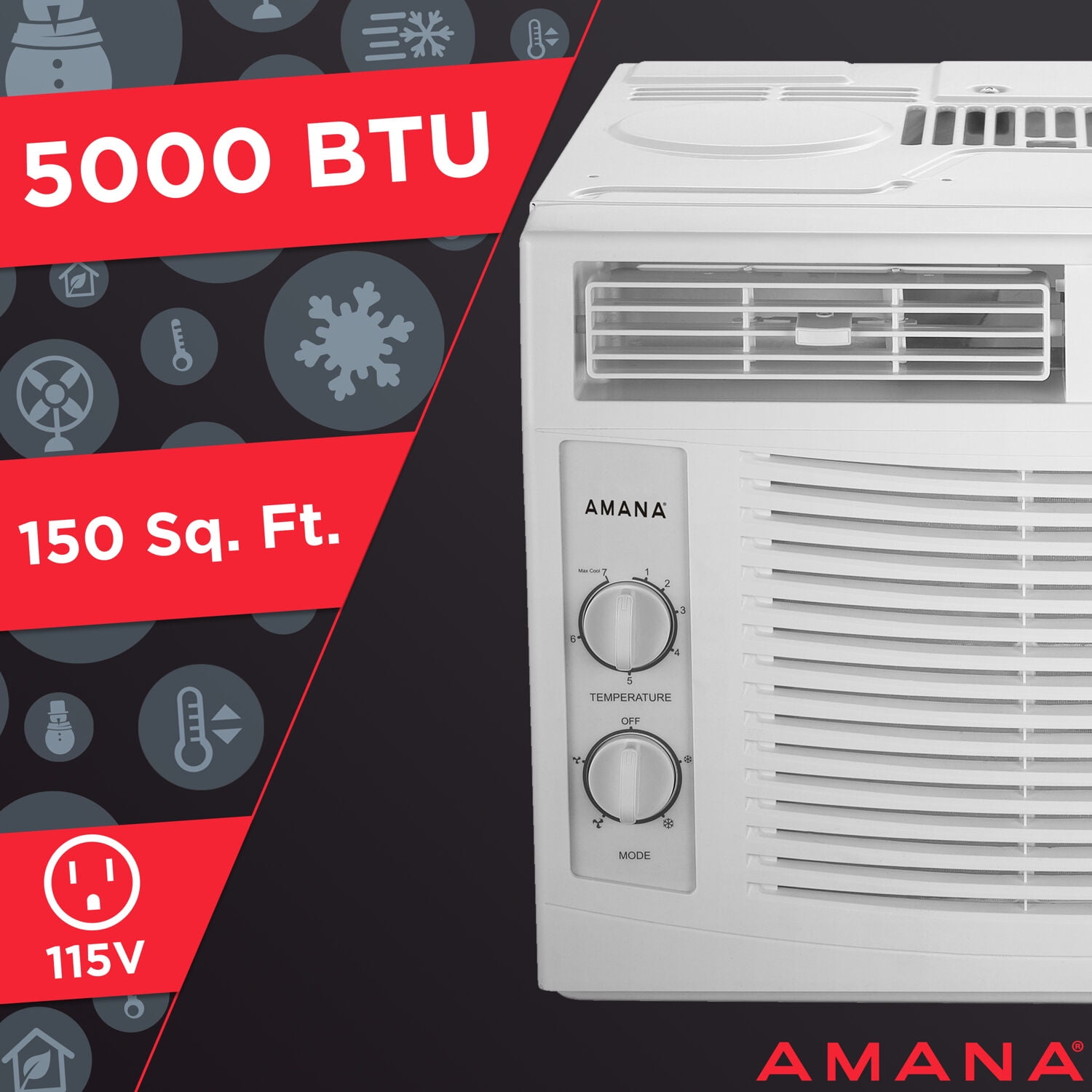 Amana 5,000 BTU 115V Window-Mounted Air Conditioner | AC for Rooms up to 150 Sq.Ft. | Mechanical Controls | Dehumidifer | Washable Filter | Auto-Restart | AMAP050CW