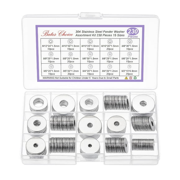 Bates- Fender Washers Assortment Kit, 230 pcs, Stainless Steel Flat Washers, 15 Sizes(M3-M12), Stainless Steel Fender Washers, Flat Washer, Large Washer Fender Washer Assortment, Assorted Washers