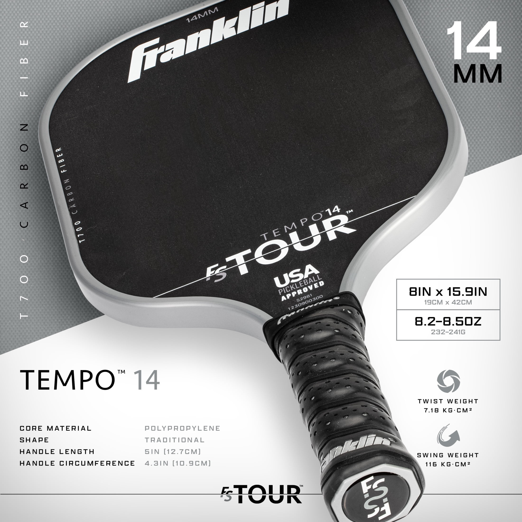 Franklin Sports Pro Pickleball Paddles - FS Tour Series Carbon Fiber Pickleball Paddles - Official USA Pickleball (USAPA) Approved Paddles - Tempo Pro Player Paddle - 14mm Polymer Core - Gray