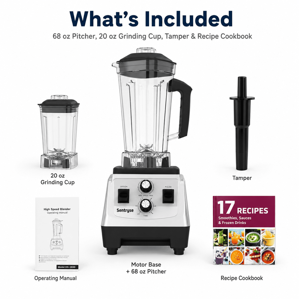 Sentryse Blender for Smoothies, 1800W Countertop Blender with 68 oz Pitcher & 20 oz Grinding Cup, 28000 RPM Kitchen Blender for Ice Crushing, Frozen Drinks, Milkshakes and Sauces