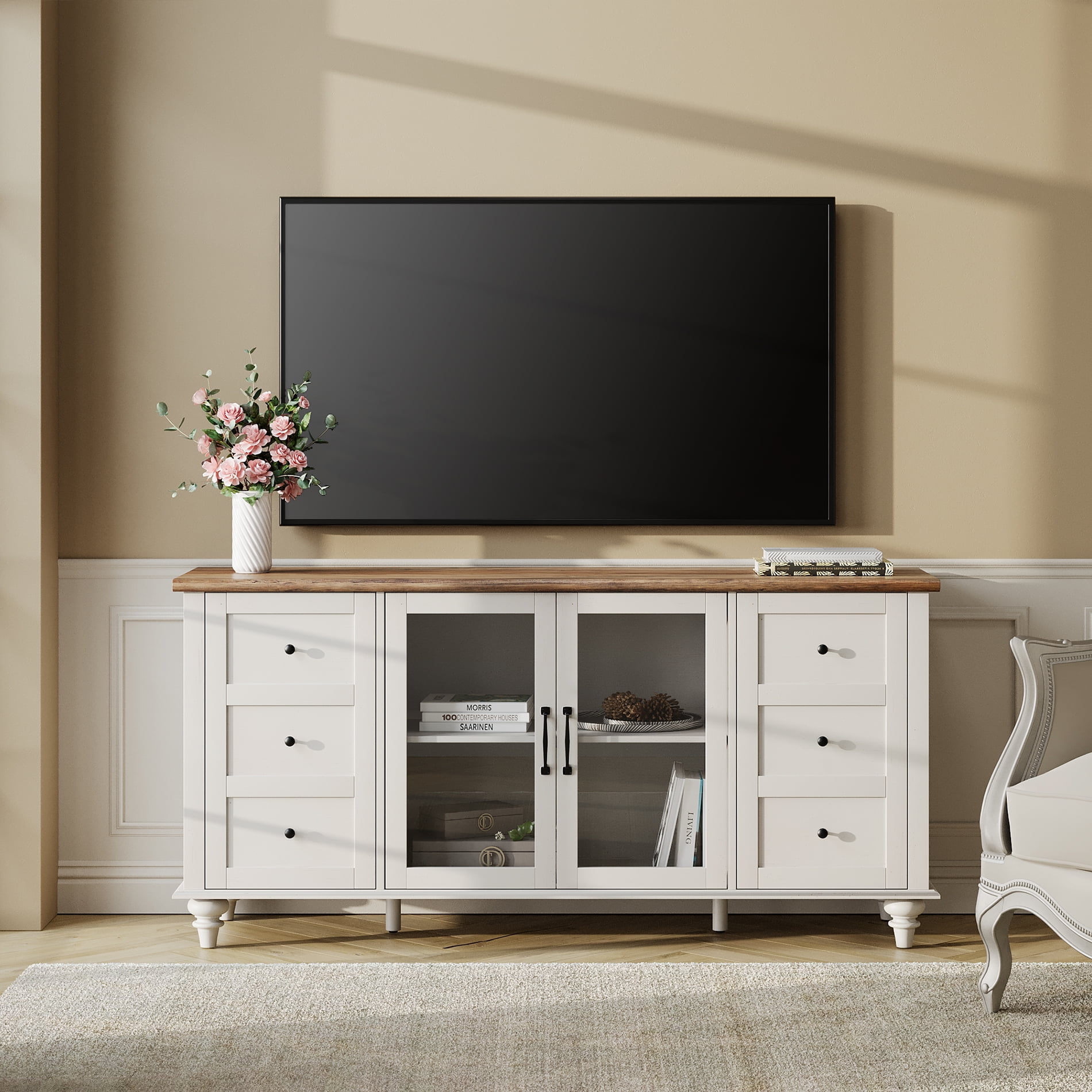 Farmhouse White Glass&Wood Television Stand for 75 inch TV,Entertainment Center with 4 Storage Cabinets for Living Room