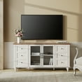 thumbnail image 3 of WAMPAT Farmhouse TV Stand, up to 75 inch, Glass and Wood, 4 Openable Storage Doors, Universal Media Console, Entertainment Center, 60-75 inch TV Table Cabinet,White&Oak, 3 of 8