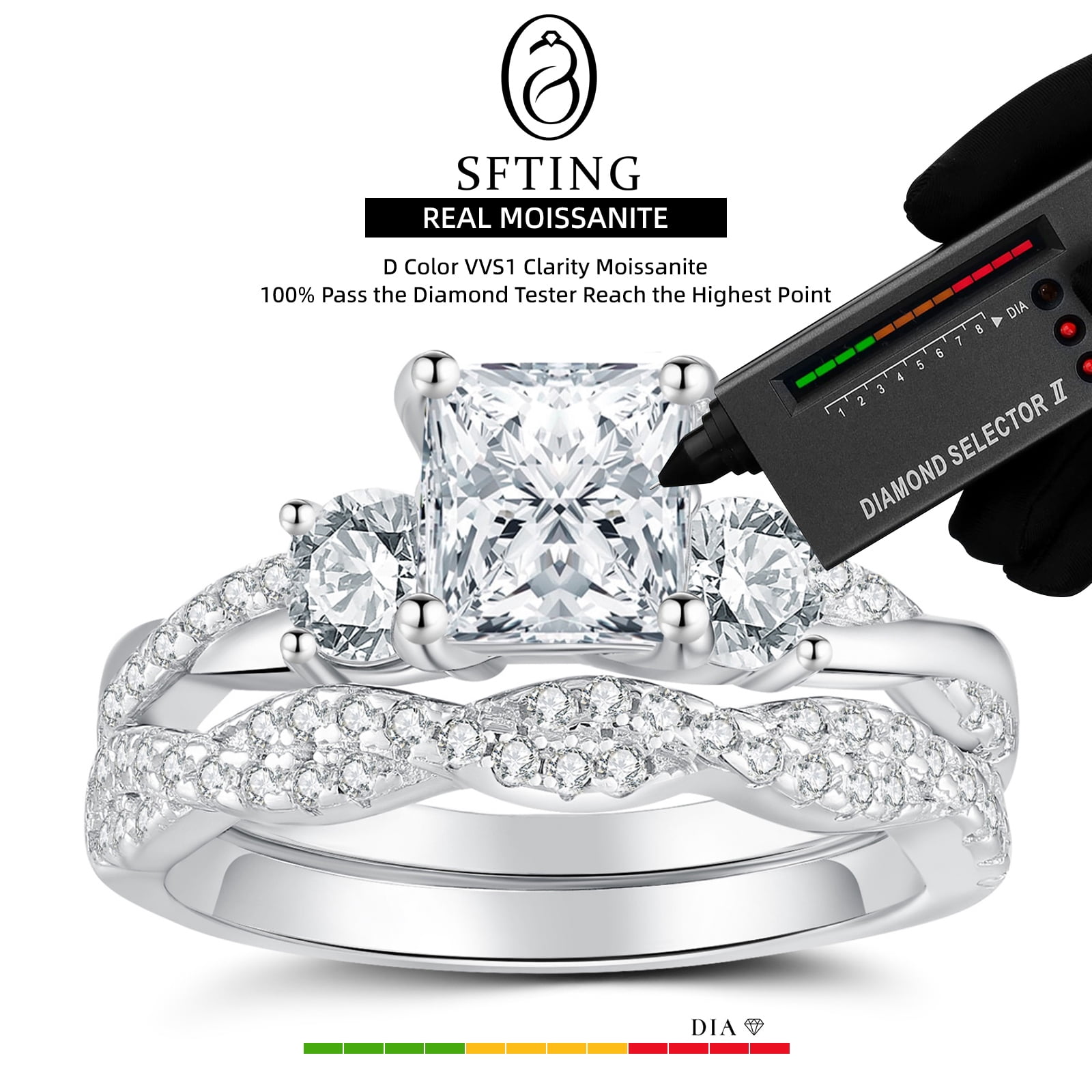 SFTING Moissanite Wedding Rings Set for Women 925 Sterling Silver Three Stones Princess Cut Engagement Rings for Women Anniversary D Color VVS1 Size 9