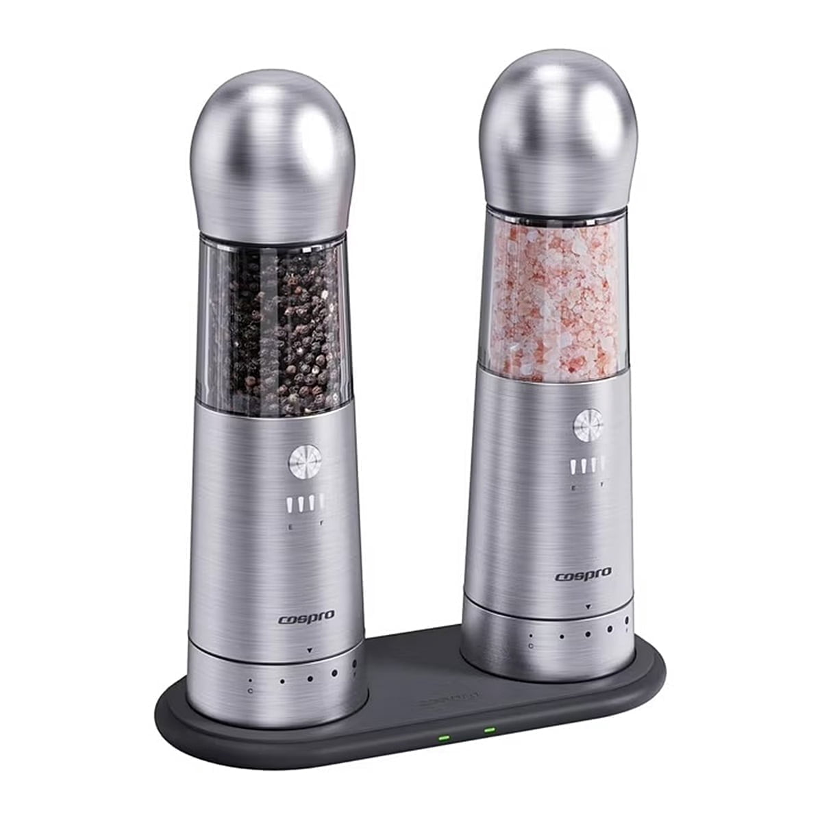 COSPRO 2-in-1 Wireless Charging Salt and Pepper Grinder Set, Stainless Steel Spice Grinder Rechargeable Automatic Pepper Mills, Adjustable Coarseness, One-Hand Operation