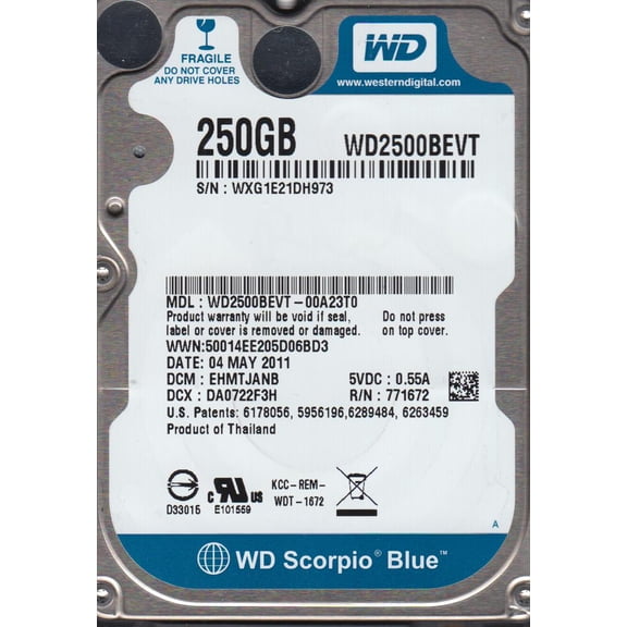 WD2500BEVT-00A23T0, DCM EHMTJANB, Western Digital 250GB SATA 2.5 Hard Drive