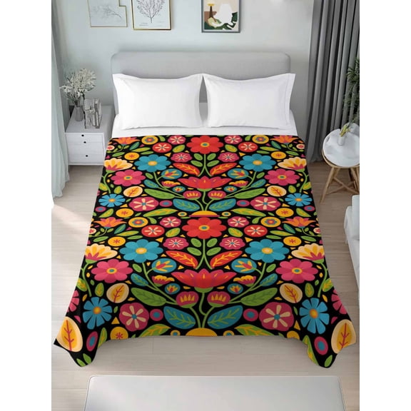 Boho Flower Queen Size Flat Sheet, Wrinkleproof & Fadeproof Cooling Flat Bed Sheet Only, Red Blue Yellow Colorful Mexico Tribal Breathable Soft Bedding Top Sheets 90 x 102 Inches